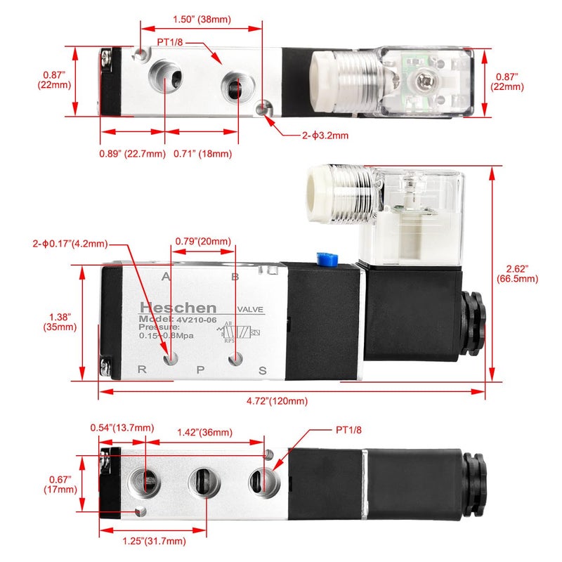 Heschen Electrical Pneumatic Solenoid Valve 4V210-06 DC12V PT1/8 5 Way 2 Position CE - Image 2